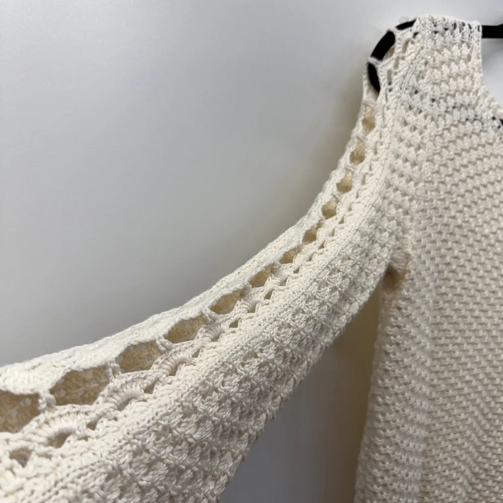 Chicos Cream Cottagecore Fairycore Crochet Open Knit Sweater Small Boho Layering